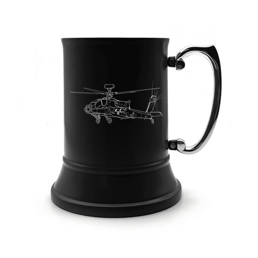 Illustration of Apache Helicopter Engraved on Steel Tankard with Ornate Handle | Giftware Engraved