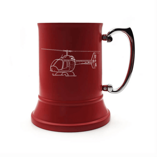Illustration of Bell 505 Jet Ranger X Helicopter Engraved on Steel Tankard with Ornate Handle | Giftware Engraved