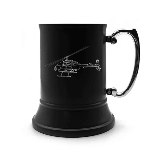 Illustration of Bell 206 Jet Ranger Helicopter Engraved on Steel Tankard with Ornate Handle | Giftware Engraved