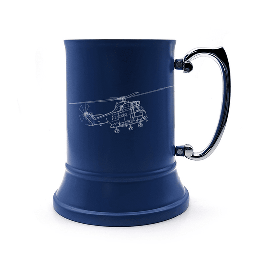 Illustration of Puma Helicopter Engraved on Steel Tankard with Ornate Handle | Giftware Engraved