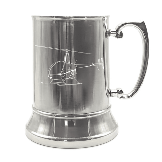 Illustration of Robinson R22 Helicopter Engraved on Steel Tankard with Ornate Handle | Giftware Engraved