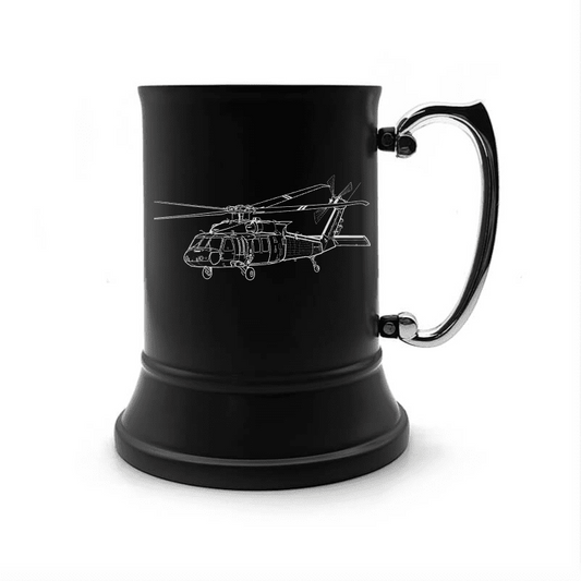 Illustration of UH60 Blackhawk Helicopter Engraved on Steel Tankard with Ornate Handle | Giftware Engraved