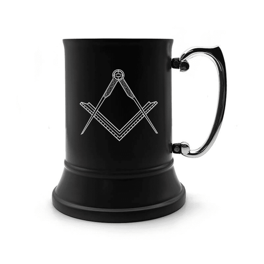 Illustration of Masonic Compass & Set Square Engraved on Steel Tankard with Ornate Handle | Giftware Engraved