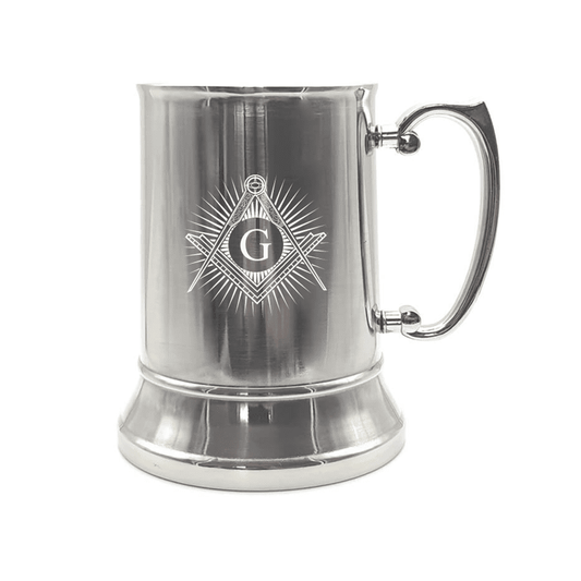 Illustration of Masonic Compass & Set Square with Starburst Engraved on Steel Tankard with Ornate Handle | Giftware Engraved