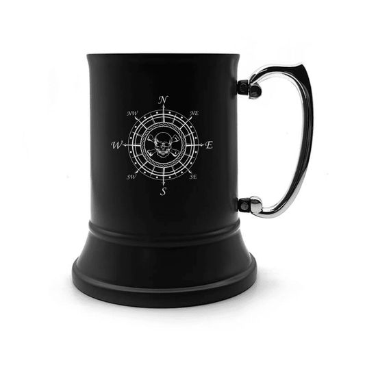 Illustration of Skull Compass Engraved on Steel Tankard with Ornate Handle | Giftware Engraved