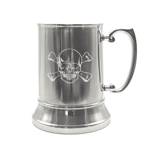 Illustration of Skull & Crossbones Engraved on Steel Tankard with Ornate Handle | Giftware Engraved