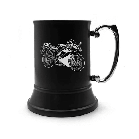 Illustration of Racing Bike  Engraved on Steel Tankard with Ornate Handle | Giftware Engraved