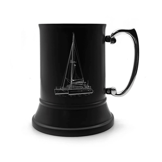 Illustration of Catamaran Engraved on Steel Tankard with Ornate Handle | Giftware Engraved