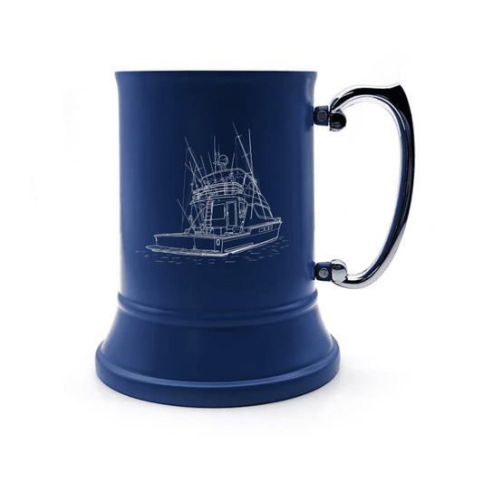 Illustration of Fishing Yacht Engraved on Steel Tankard with Ornate Handle | Giftware Engraved