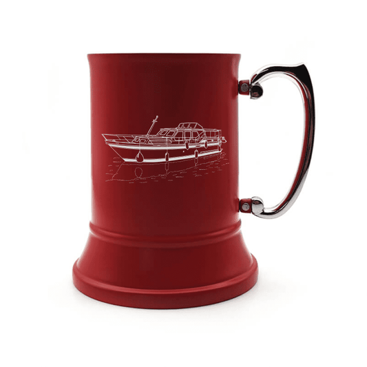 Illustration of Stevens 1140 Canal Yacht Engraved on Steel Tankard with Ornate Handle | Giftware Engraved