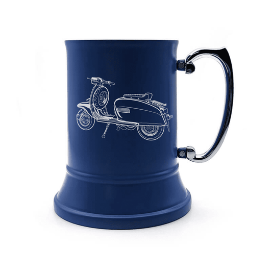 Illustration of Lambretta Scooter Engraved on Steel Tankard with Ornate Handle | Giftware Engraved