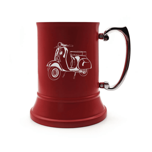 Illustration of Vespa Scooter Engraved on Steel Tankard with Ornate Handle | Giftware Engraved