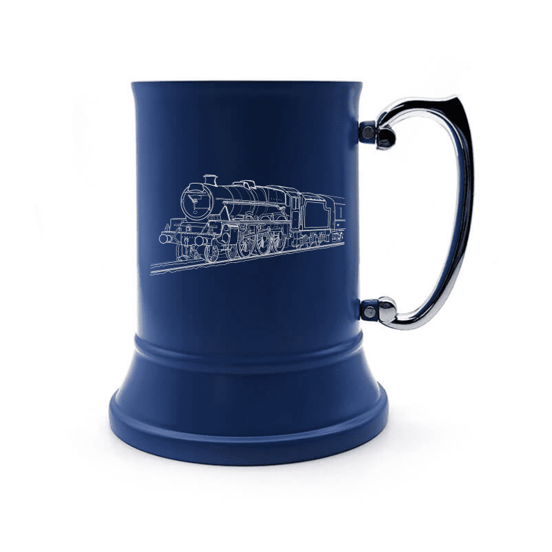 Illustration of Steam Train Locomotive Engraved on Steel Tankard with Ornate Handle | Giftware Engraved