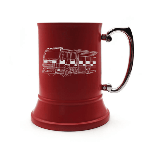 Illustration of Fire Truck Engraved on Steel Tankard with Ornate Handle | Giftware Engraved