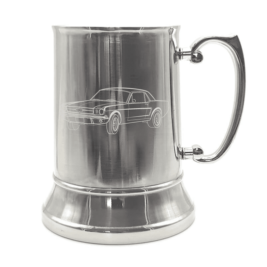 Illustration of Ford Mustang 65 Coupe Engraved on Steel Tankard with Ornate Handle | Giftware Engraved