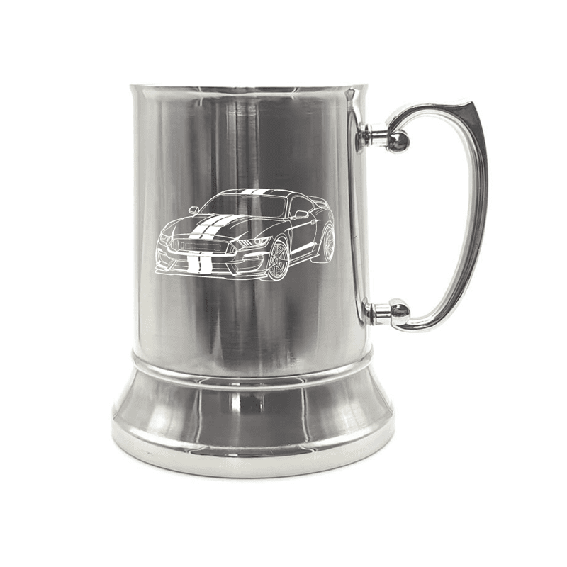 Illustration of Ford Shelby Mustang Engraved on Steel Tankard with Ornate Handle | Giftware Engraved