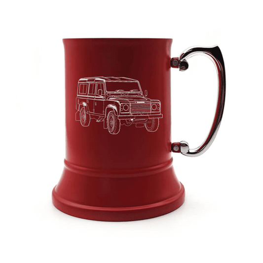 Illustration of Land Rover Engraved on Steel Tankard with Ornate Handle | Giftware Engraved