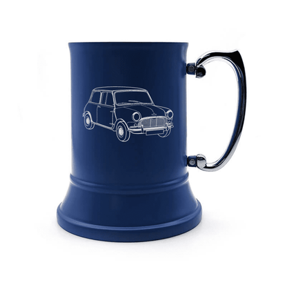 Illustration of Mini Cooper Engraved on Steel Tankard with Ornate Handle | Giftware Engraved