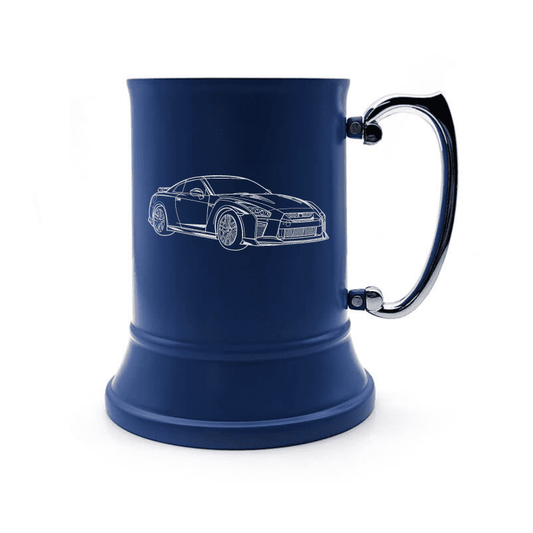 Illustration of Nissan GT-R35 Engraved on Steel Tankard with Ornate Handle | Giftware Engraved