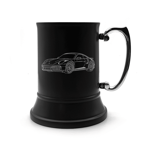 Illustration of Porsche 911 Engraved on Steel Tankard with Ornate Handle | Giftware Engraved