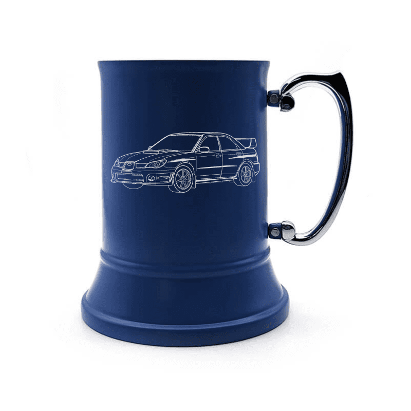 Illustration of Subaru WSX Impreza Engraved on Steel Tankard with Ornate Handle | Giftware Engraved