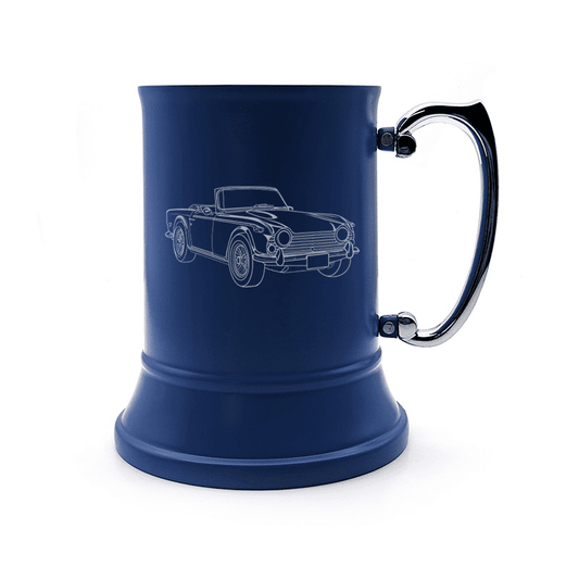 Illustration of Triumph TR250 Engraved on Steel Tankard with Ornate Handle | Giftware Engraved