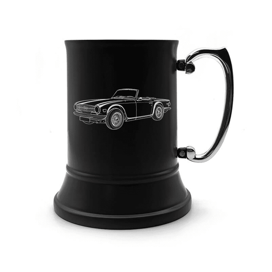 Illustration of Triumph TR 6 Engraved on Steel Tankard with Ornate Handle | Giftware Engraved