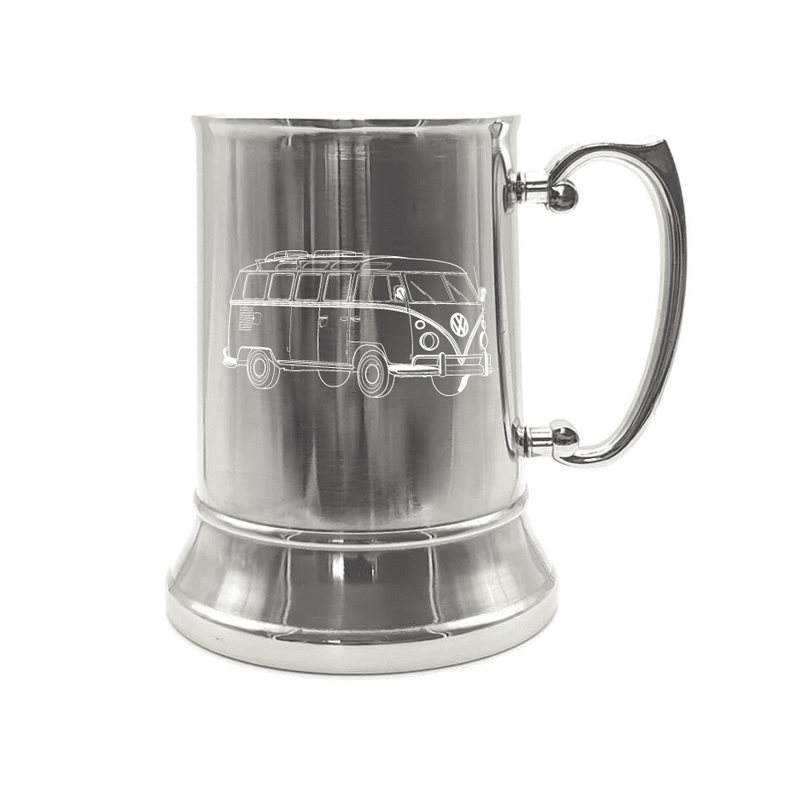 Illustration of Hippy Campervan Engraved on Steel Tankard with Ornate Handle | Giftware Engraved