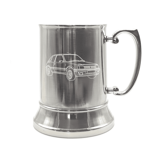 Illustration of Peugeot 205 Gti Engraved on Steel Tankard with Ornate Handle | Giftware Engraved